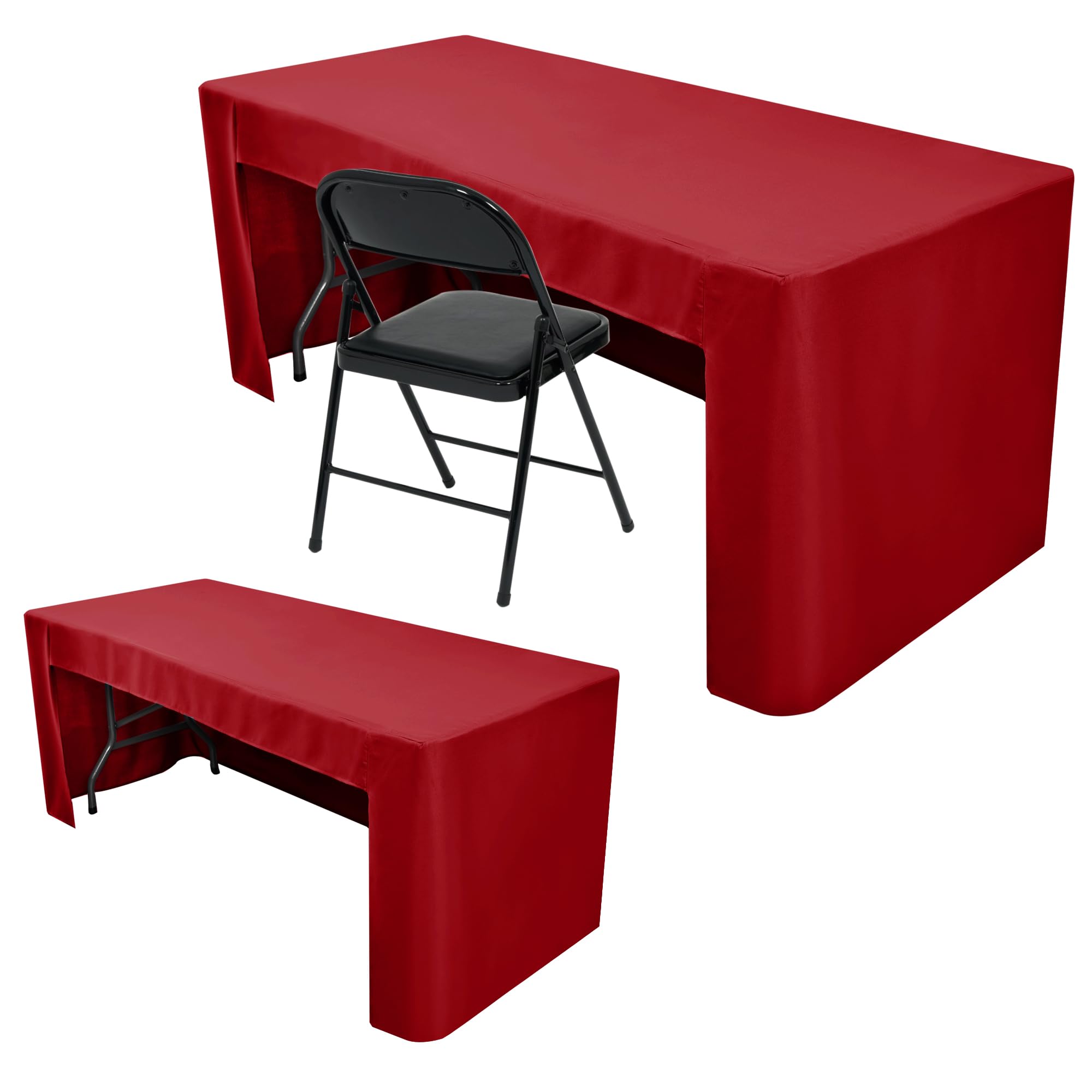 Nasitos cubre mesa de 8 pies roja, enfoque en el frente, para un puesto limpio y profesional.