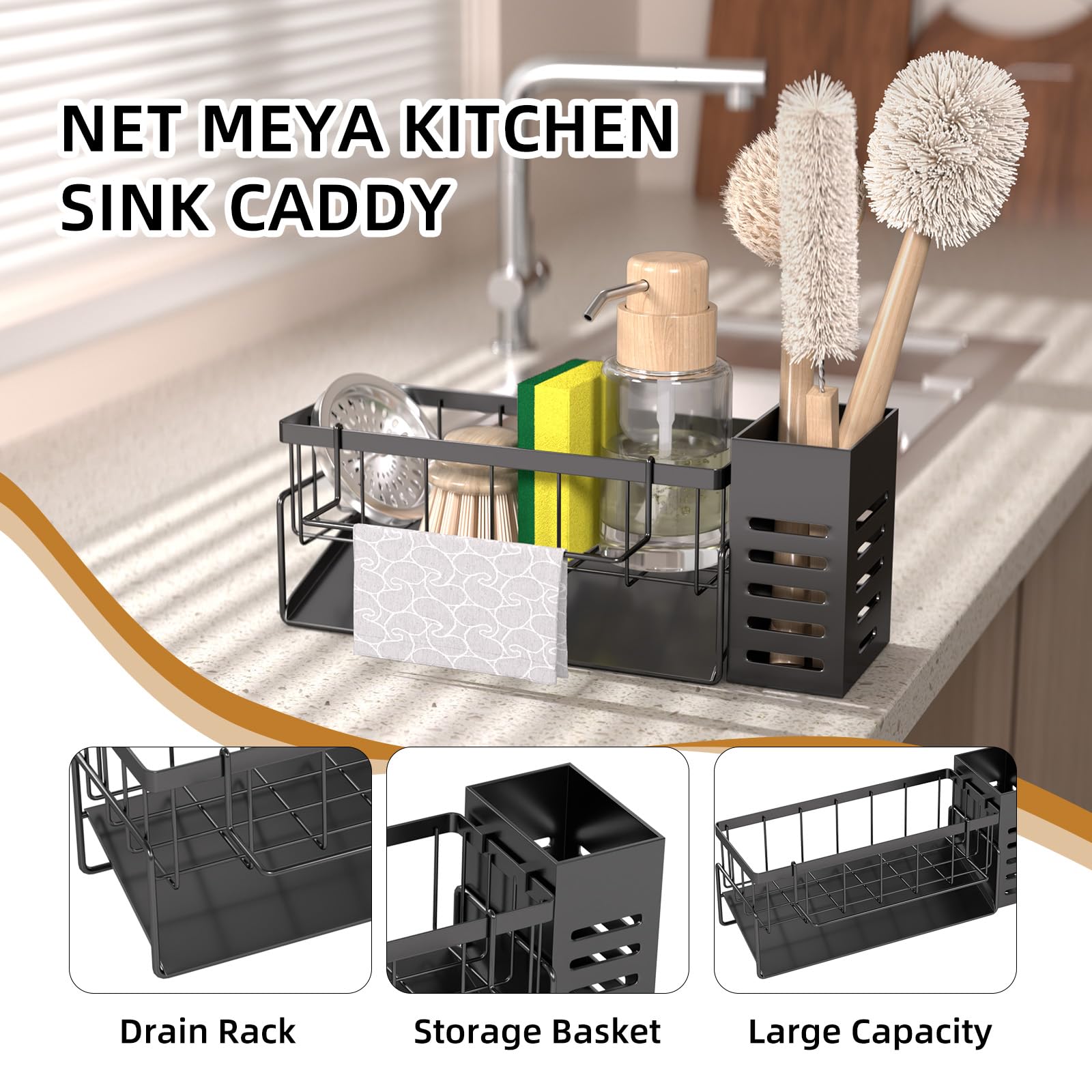 Distribución NAT MEYA de 3 compartimentos para esponjas, detergentes y accesorios.