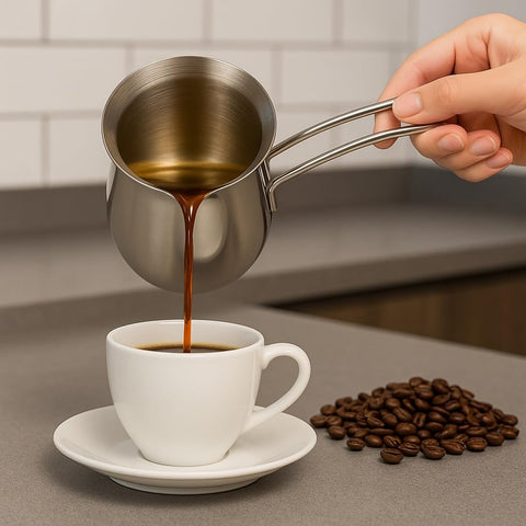 Natier pico angulado para verter sin goteos, ideal para café o chocolate.