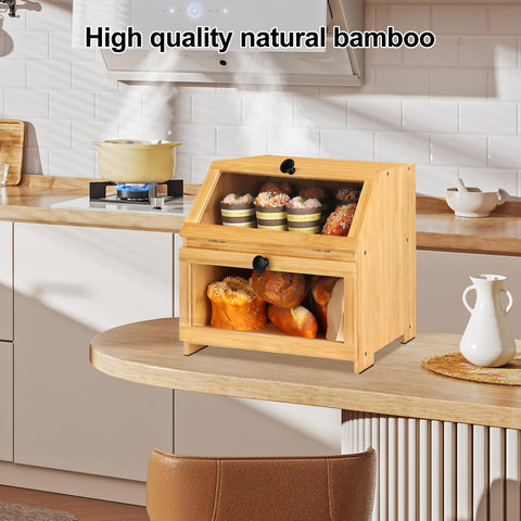 Natree caja pan bambú dos niveles facilita almacenar pan y otros productos horneados.