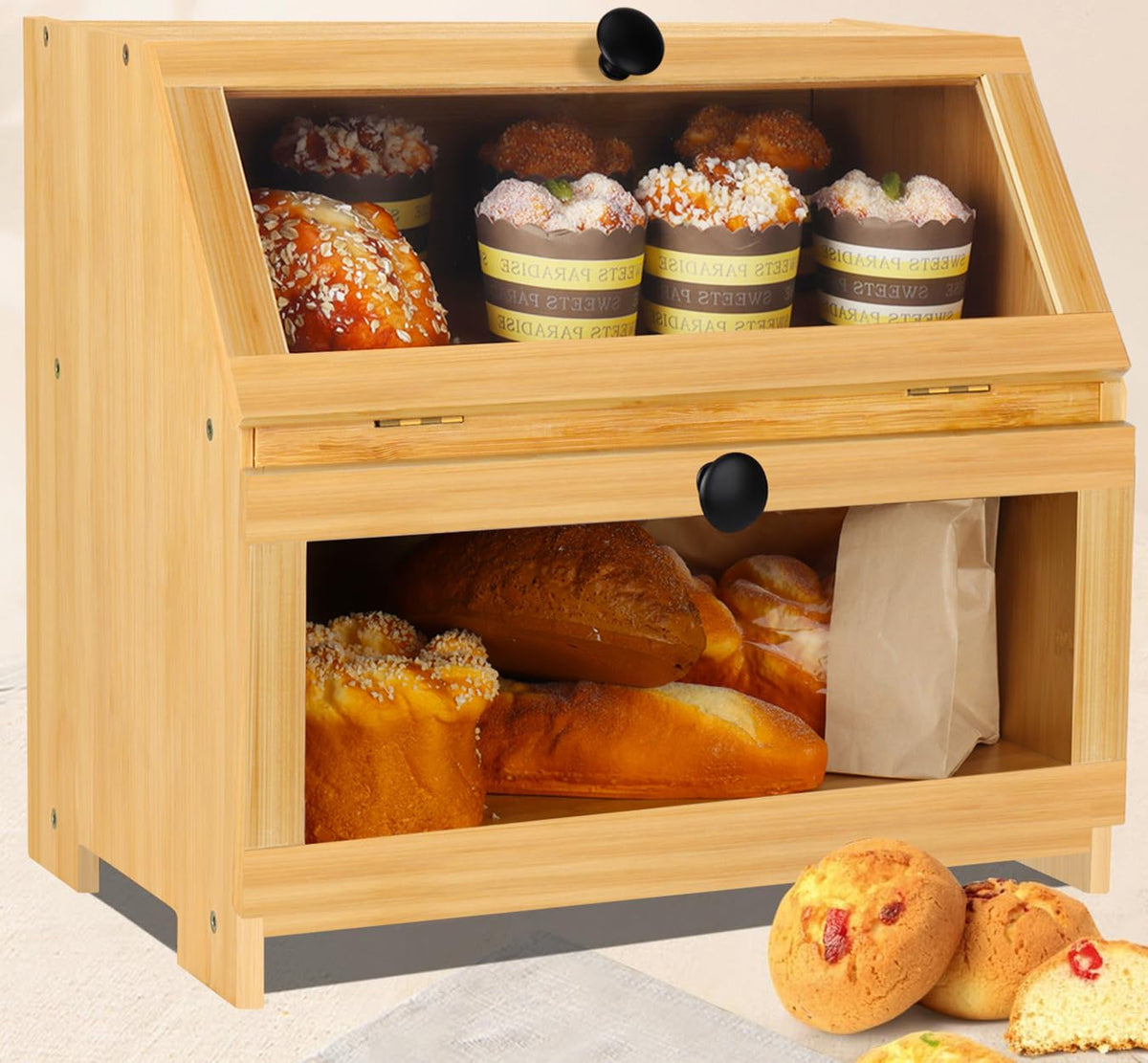 Natree caja de pan de bambú grande en encimera, mantiene el pan fresco y a la vista.