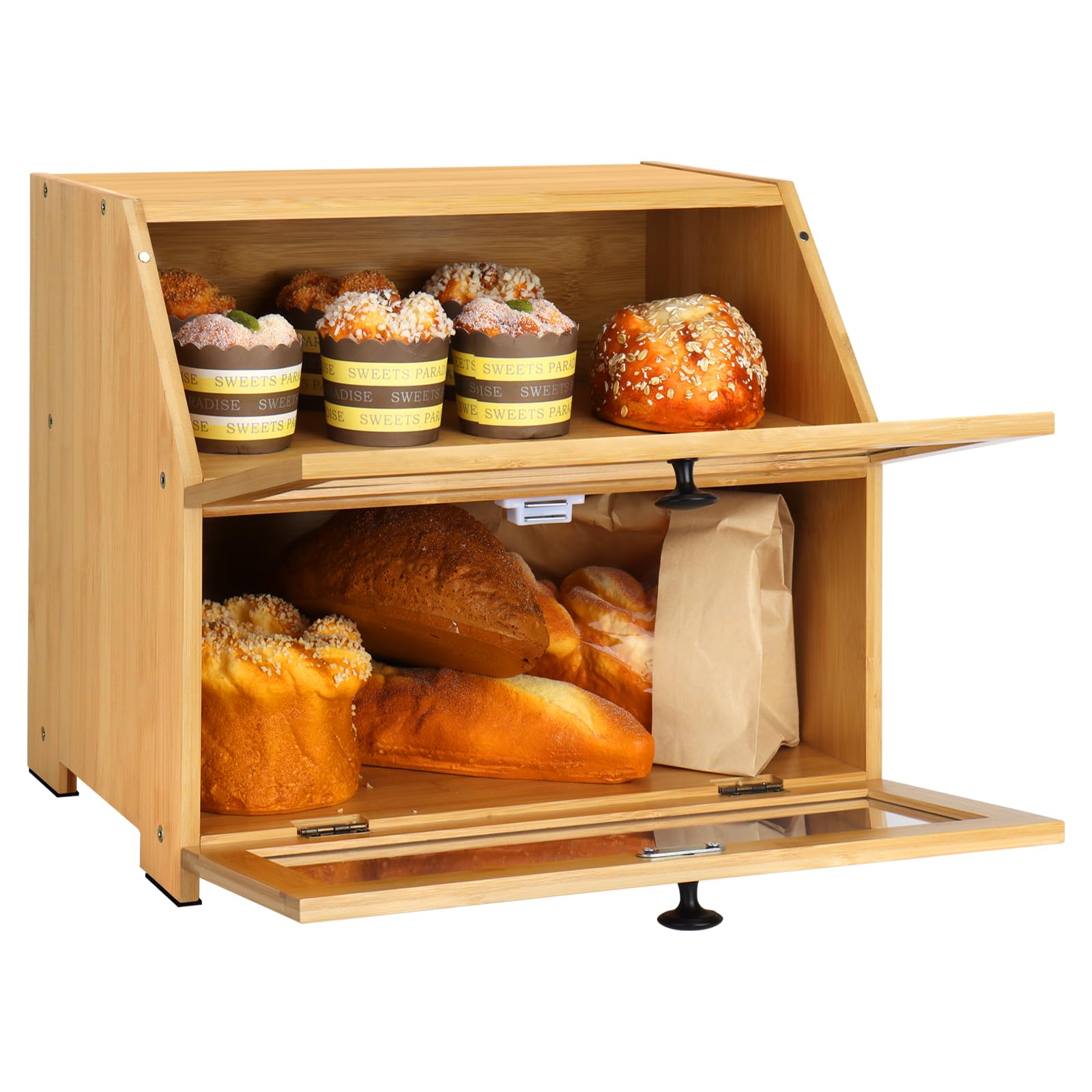 Natree caja pan bambú, ventana acrílica clara para ver el interior sin abrir.