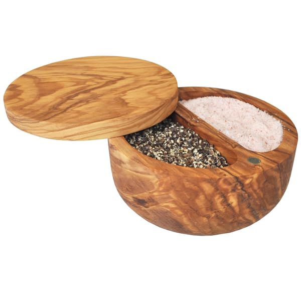 Naturally Med salero de olivo con dos secciones y tapa magnética para servir condimentos.