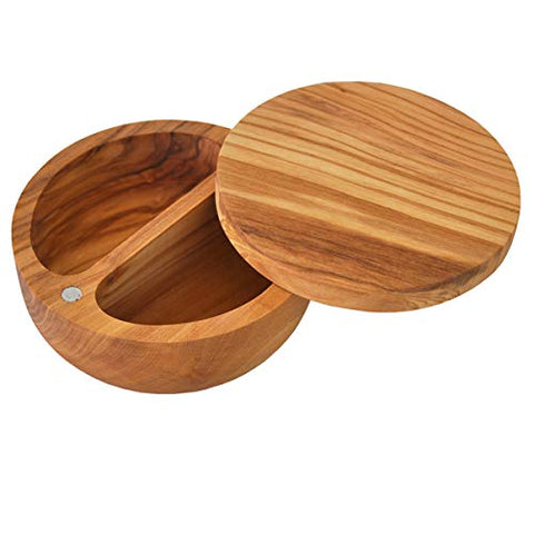 Naturally Med salero de olivo cerrado con tapa magnética, elegante para la mesa.