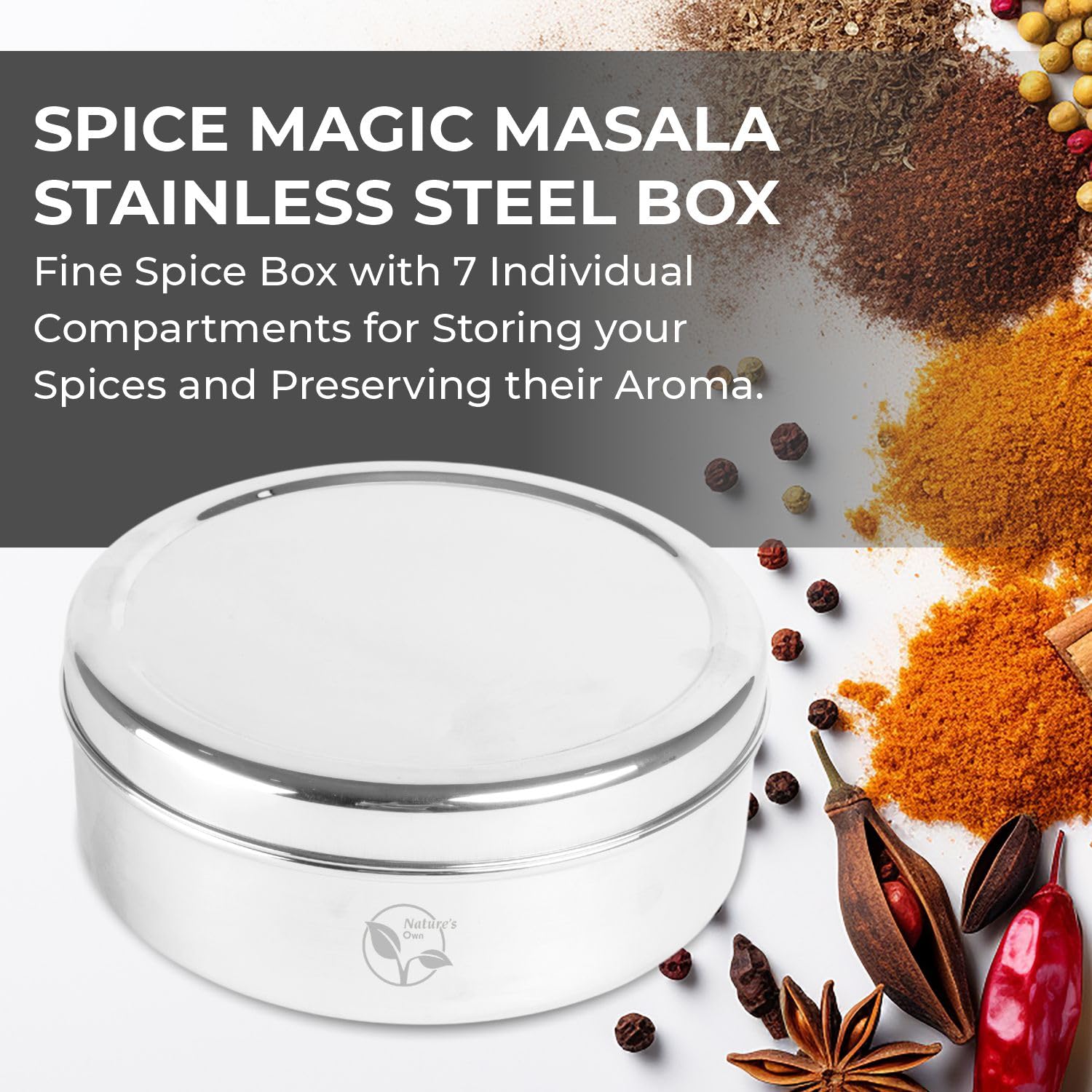 Nature's Own Masala Dabba ayuda a organizar hierbas y especias para cocinar.