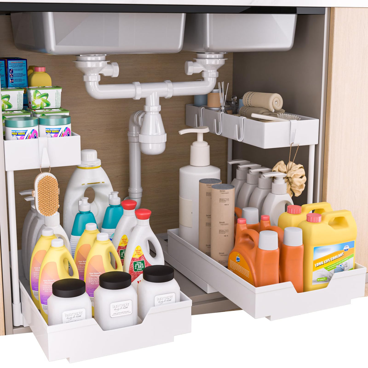 Organizador bajo lavabo Nature's Source de dos niveles deslizantes para maximizar el espacio.