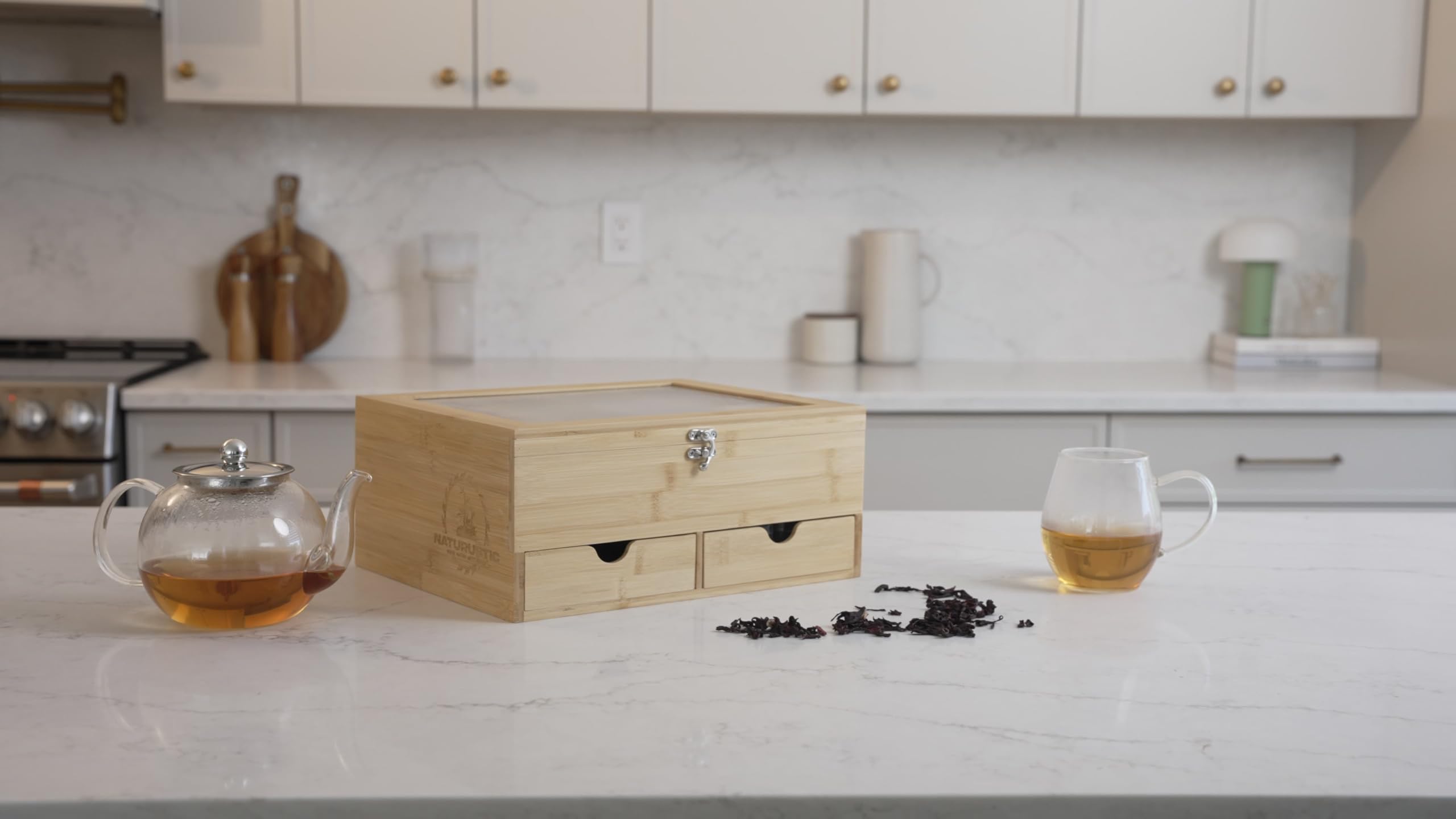 Naturustic caja de té bambú, cierre de seguridad mantiene todo en su lugar.