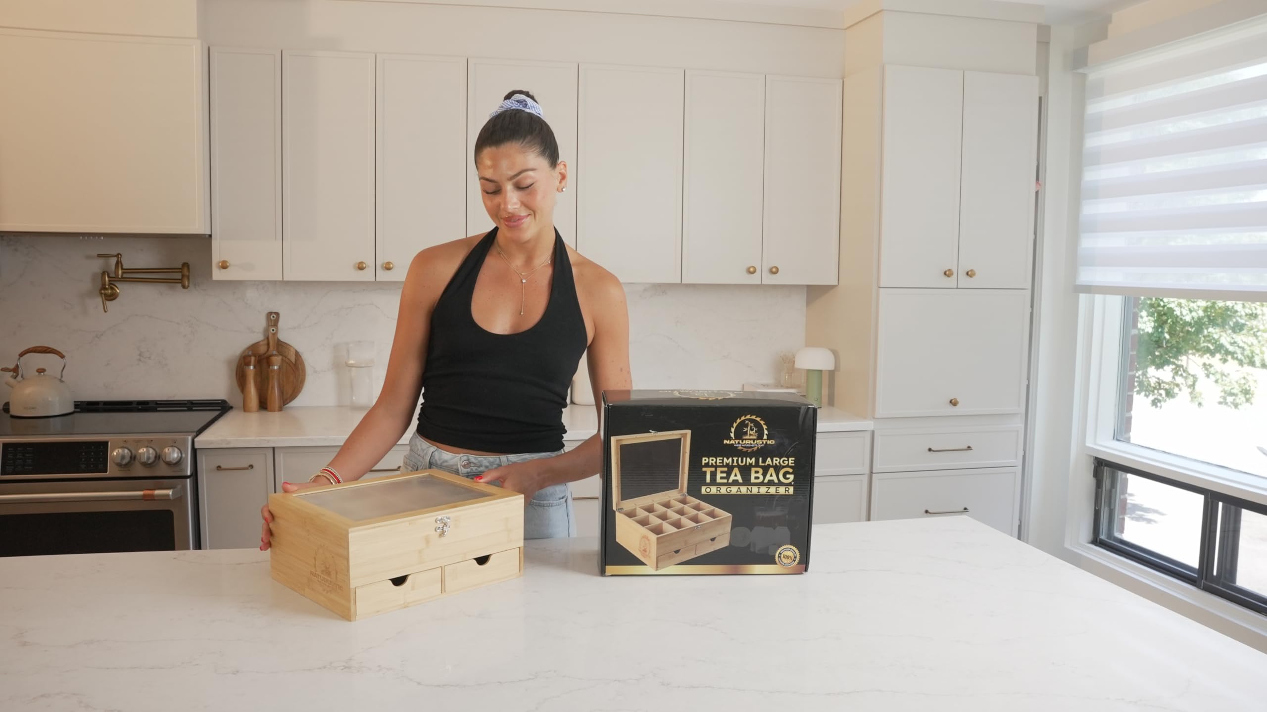 Naturustic caja de té bambú, con dos cajones, almacenamiento adicional para accesorios.