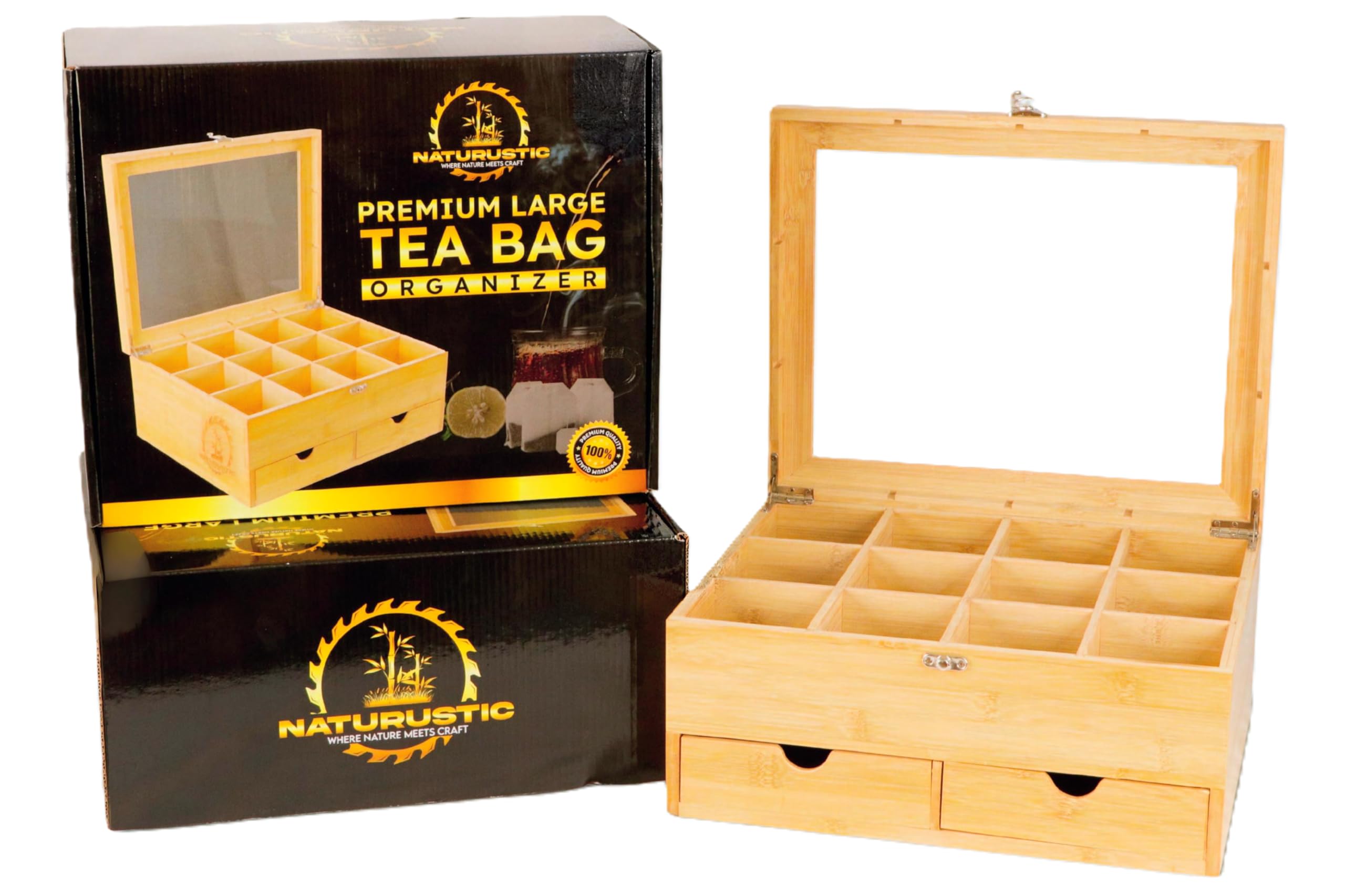 Naturustic caja de té bambú, vista frontal, muestra organización y elegancia natural.