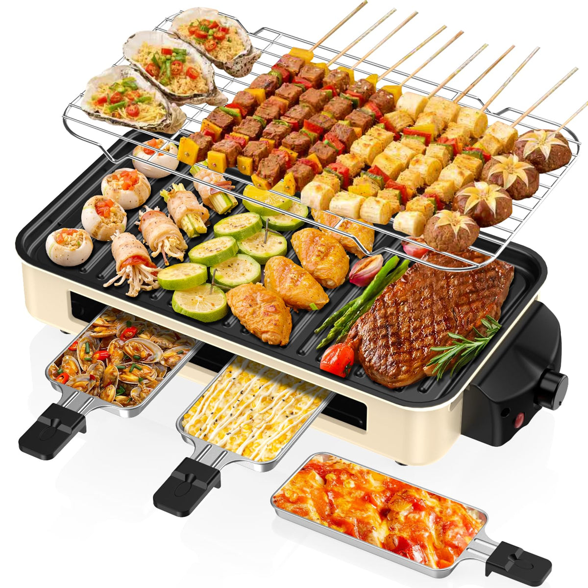 NAUQUOHZ parrilla eléctrica interior 1500W, cocina sin humo para comidas rápidas.