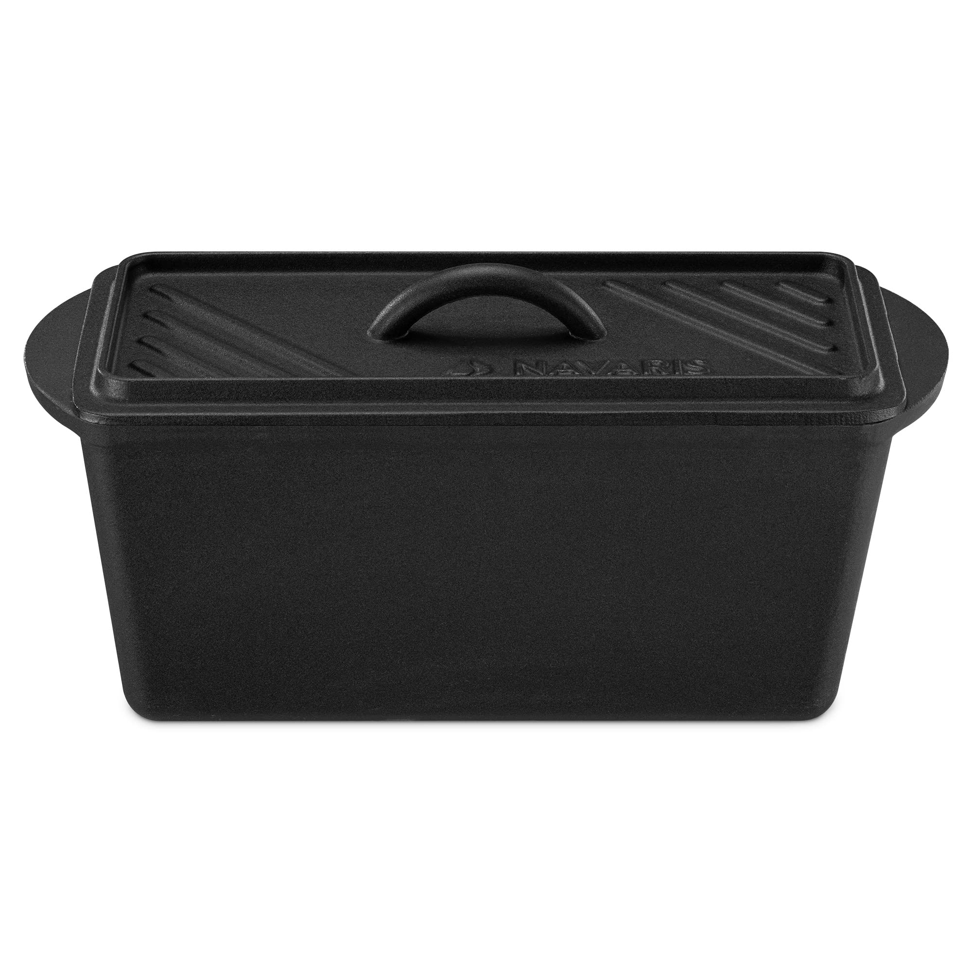 Navaris: bandeja de hierro rectangular para pan con tapa.