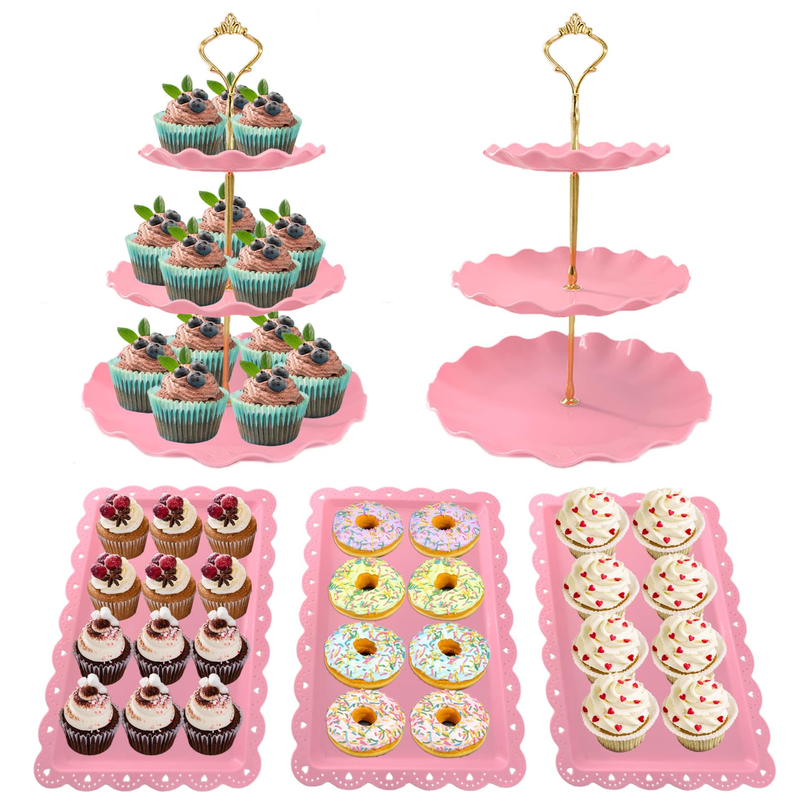 Torre de cupcakes NAXIHOPT con tres niveles en rosa para postres elegantes