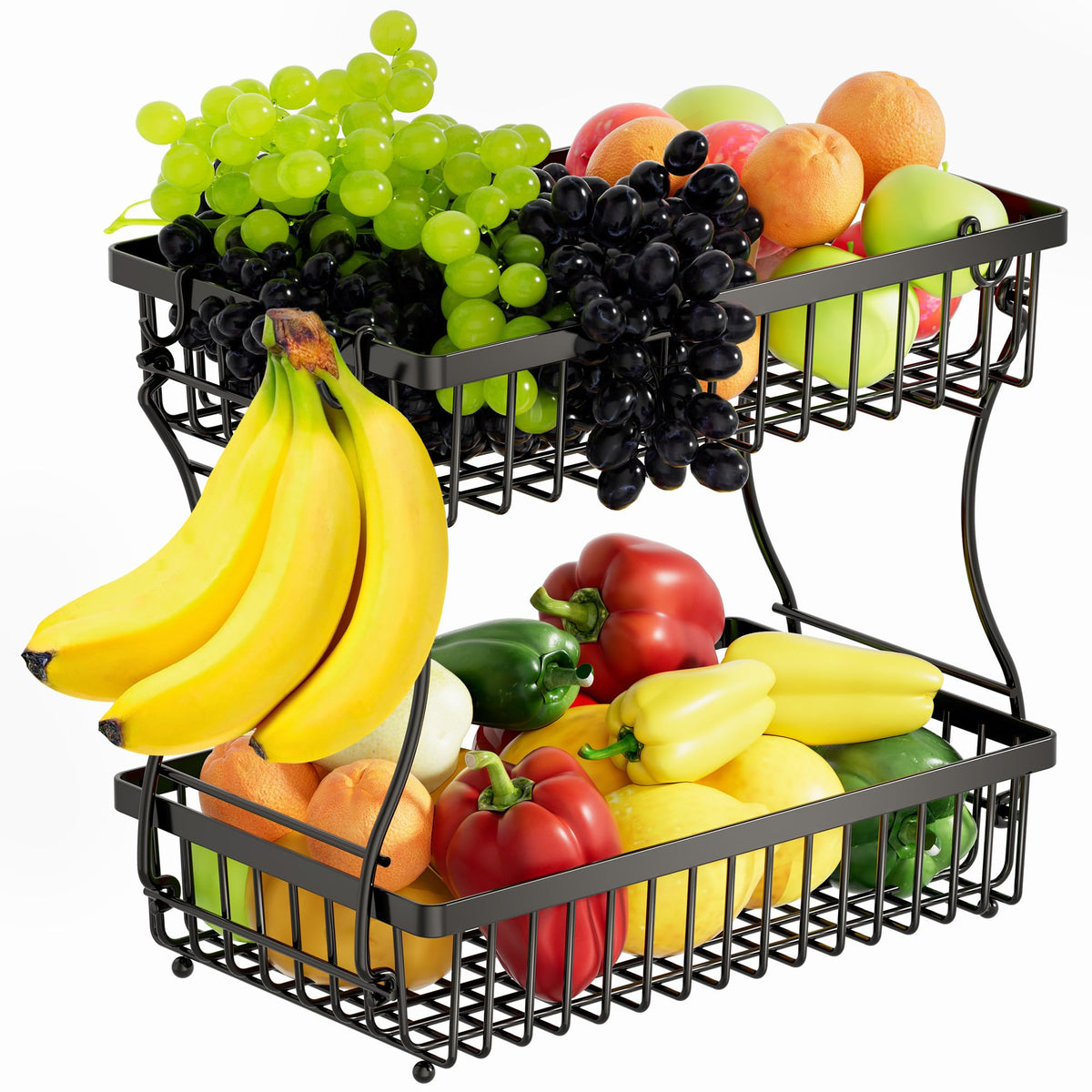 Nbwxcwbs cesta de frutas de dos niveles negro, almacenamiento práctico.