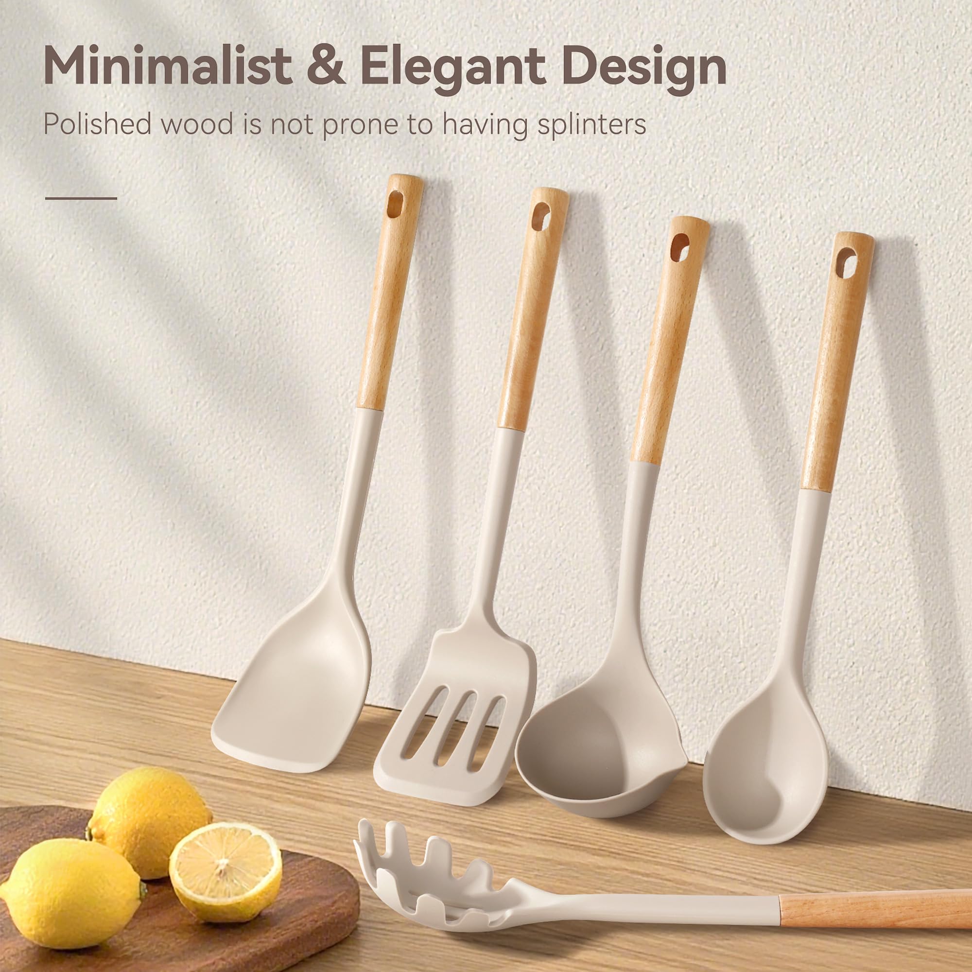 NCUE mango de madera ergonómico en utensilios de silicona para agarre seguro.