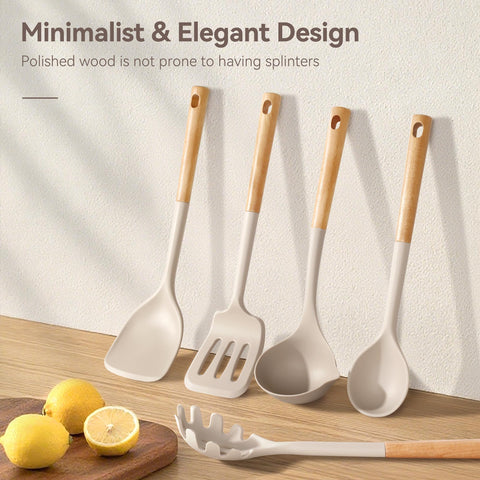 NCUE mango de madera ergonómico en utensilios de silicona para agarre seguro.