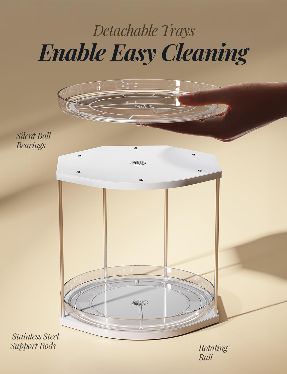 NEATORA lazy-susan desmontable, limpieza rápida y configuración flexible.