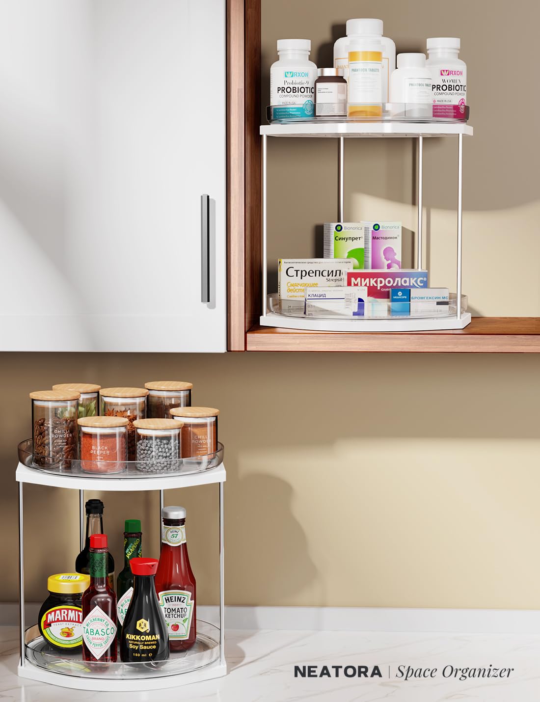 NEATORA lazy-susan para baño, organiza cosméticos y accesorios de uso diario.