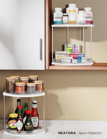 NEATORA lazy-susan para baño, organiza cosméticos y accesorios de uso diario.
