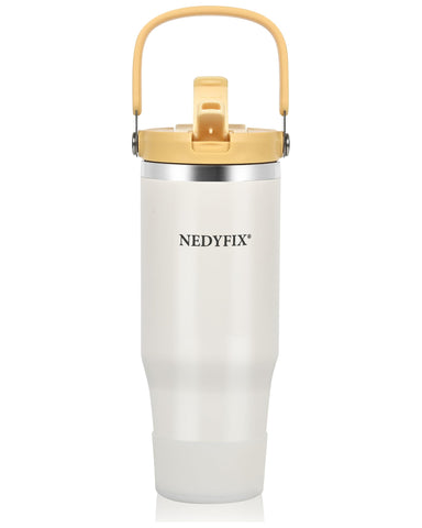 Nedyfix vaso termico 32 onzas con asa beige, agarre cómodo para viaje diario.