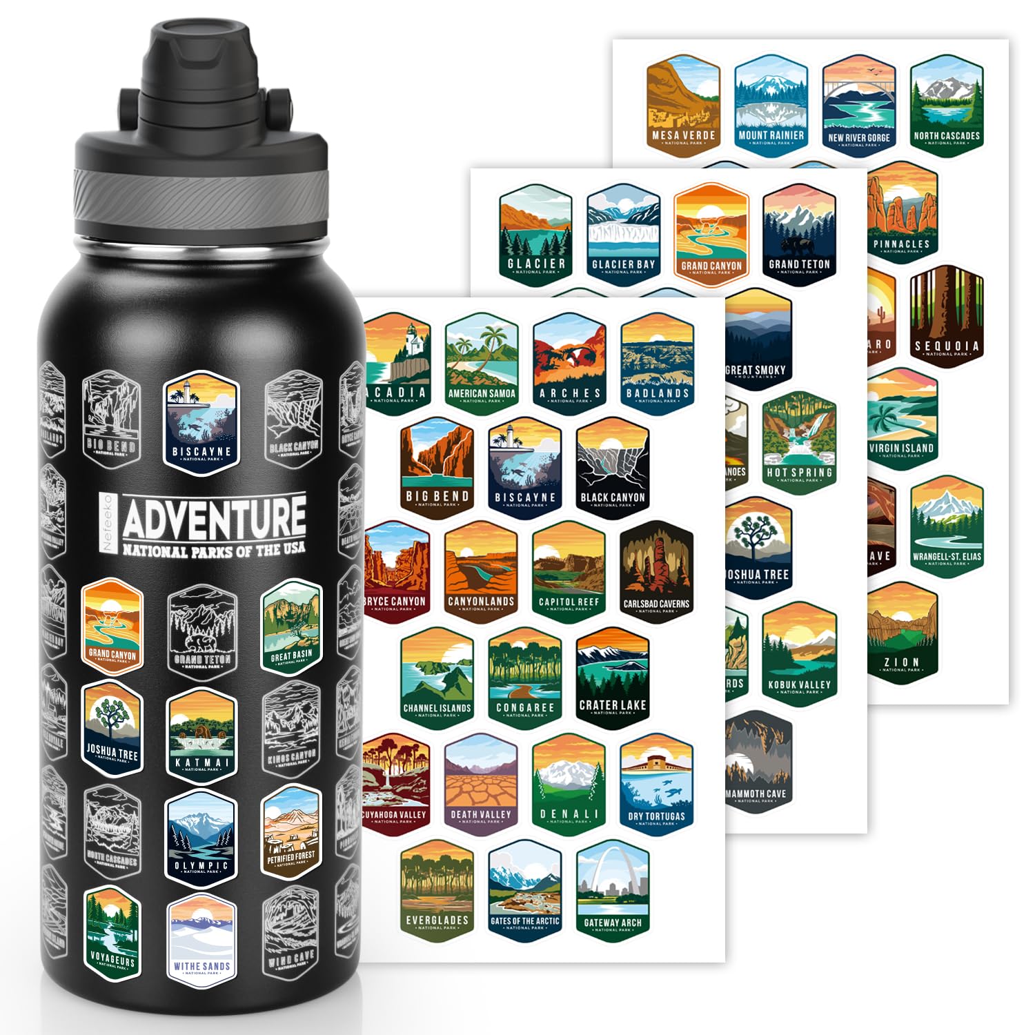 Nefeeko botella 32oz con pegatinas impermeables para parques nacionales, lista para aventuras