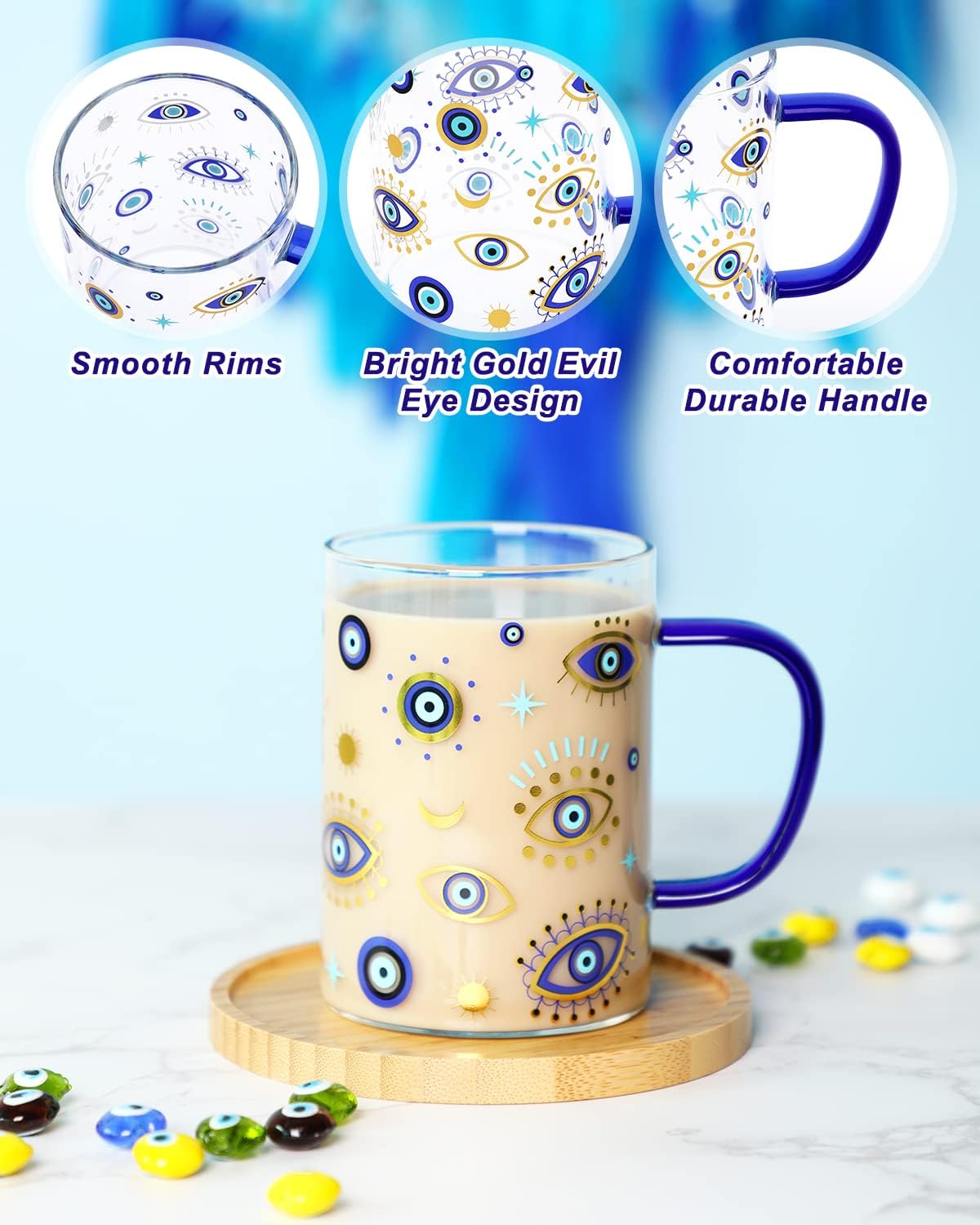 Vista frontal de la taza de vidrio Nefelibata ideal para bebidas calientes.