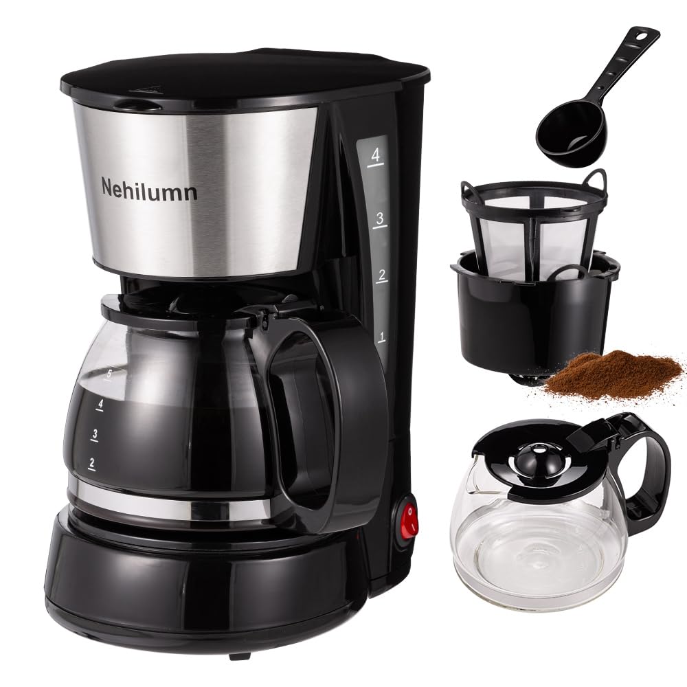 Nehilumn cafetera goteo 4-tazas frente, café listo para el desayuno.