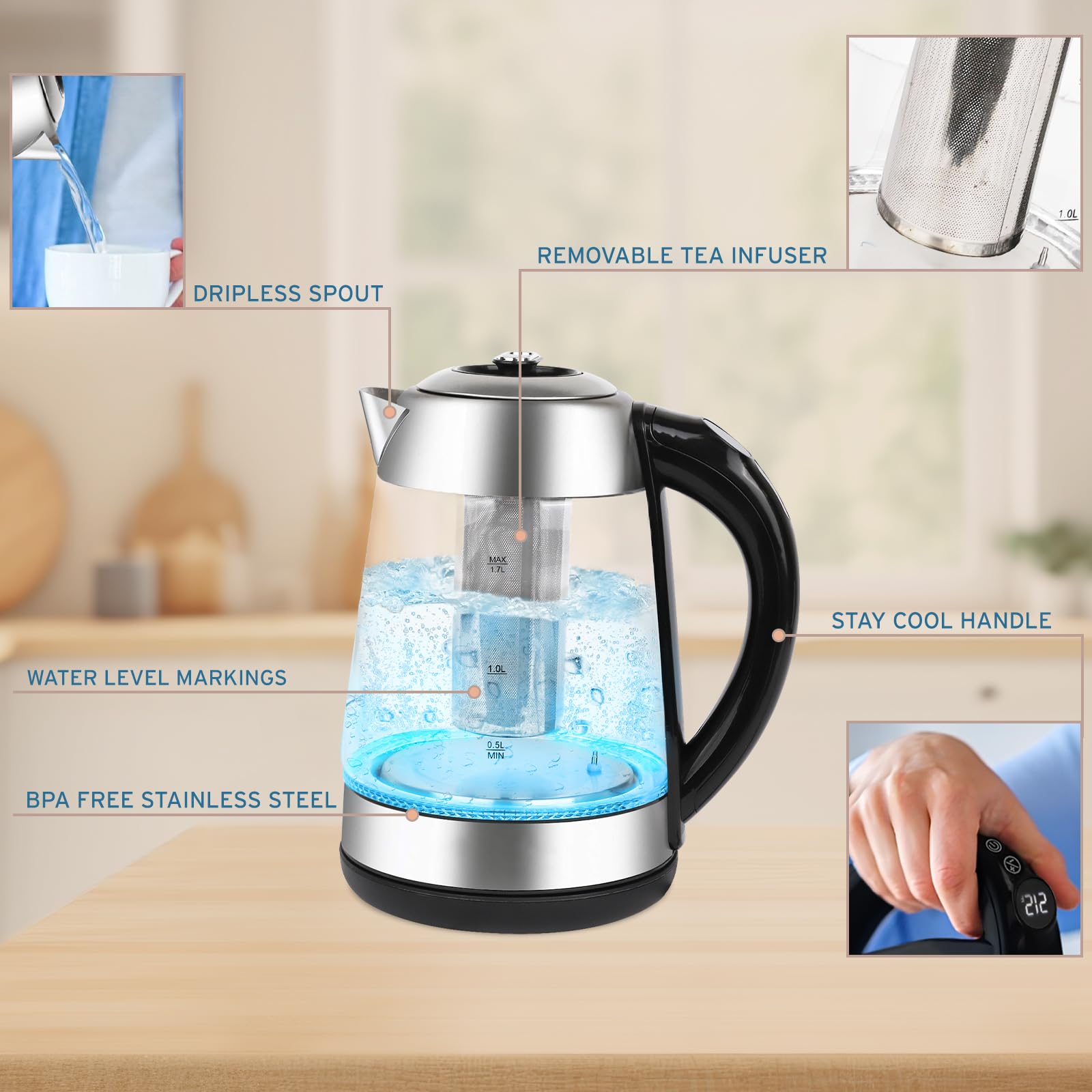 Base 360° del hervidor NELO para uso cómodo sin cables.