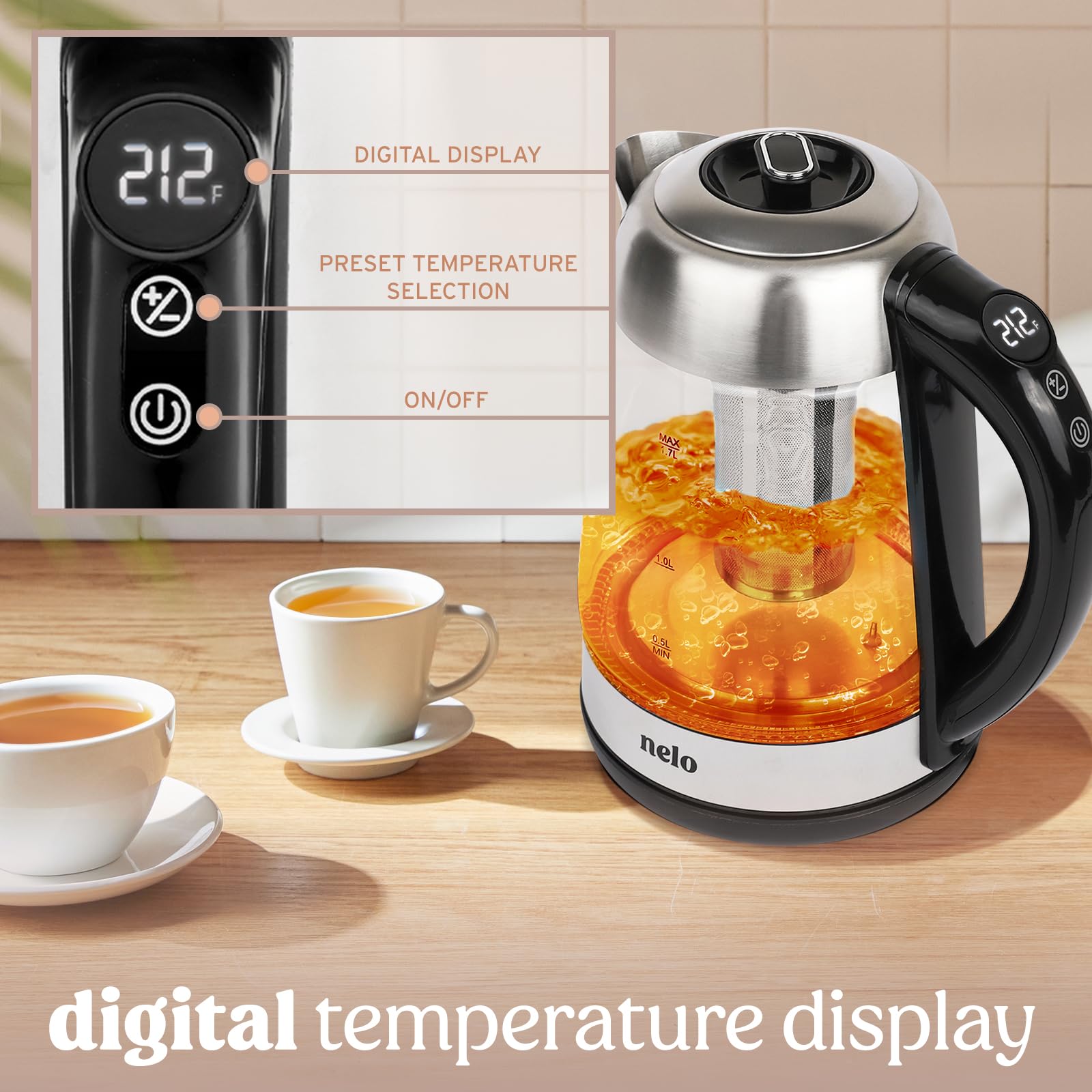 Hervidor NELO con infusor removible de acero inoxidable para té suelto.