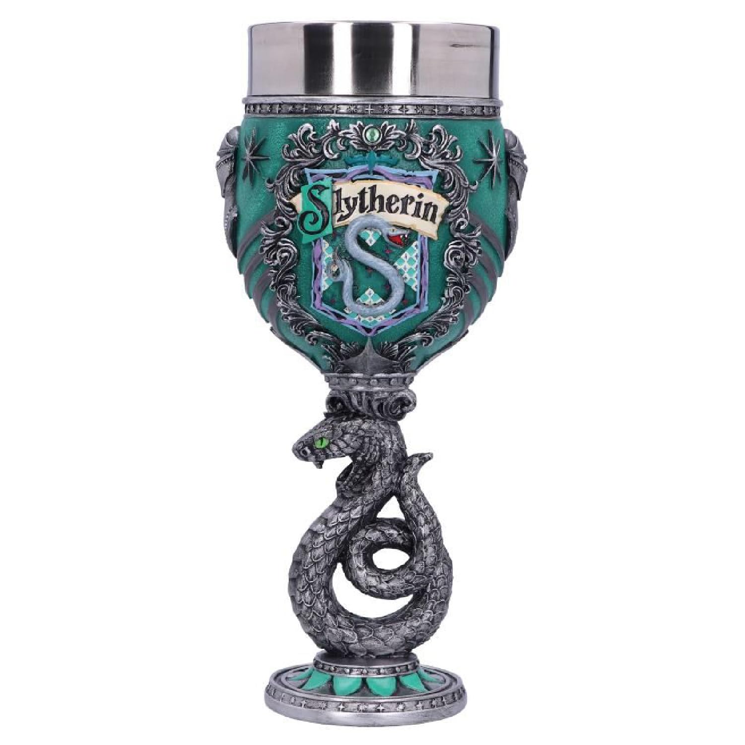 Copa Slytherin de Nemesis Now con emblema de serpiente, perfecta para exhibición.