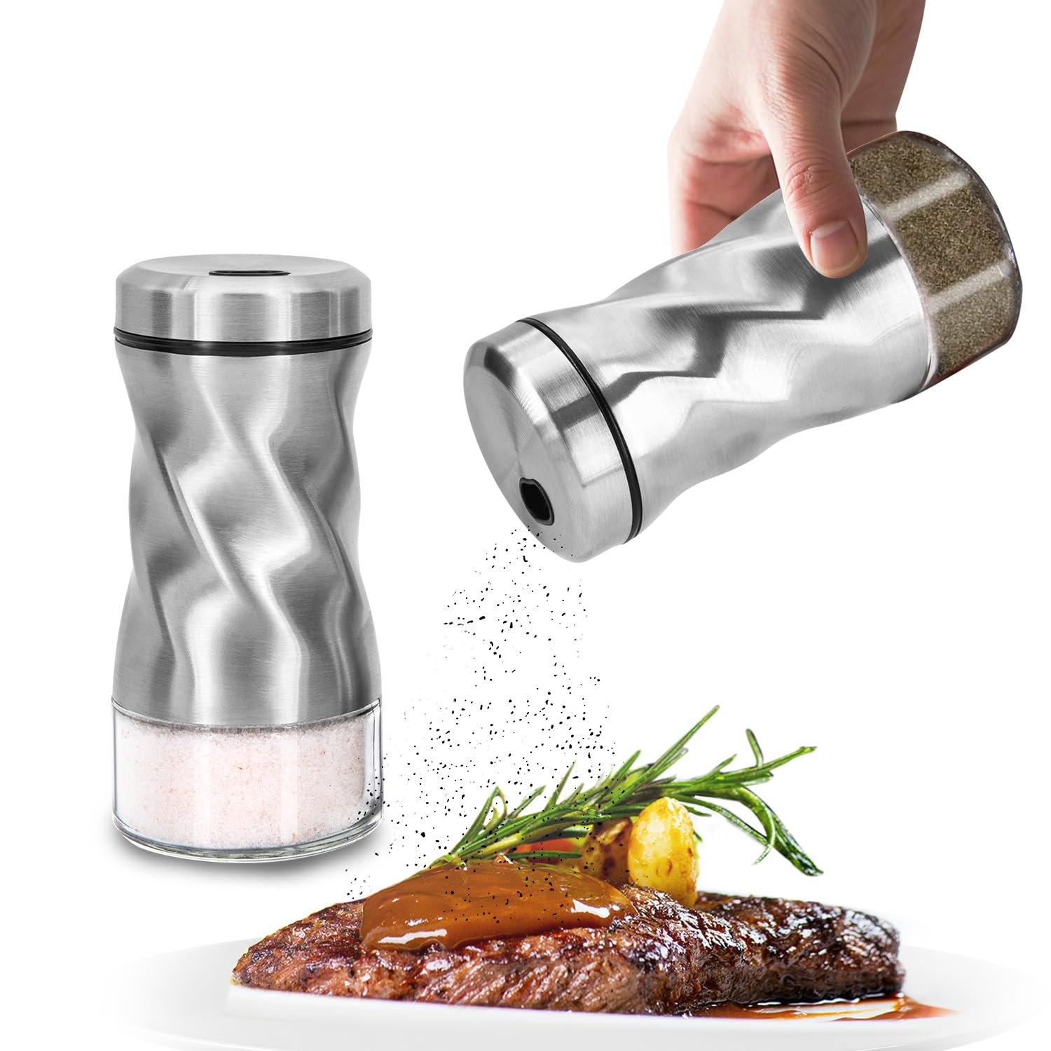 Neodaco salero-pimero cristal moderno con tapas de acero para mesa elegante.
