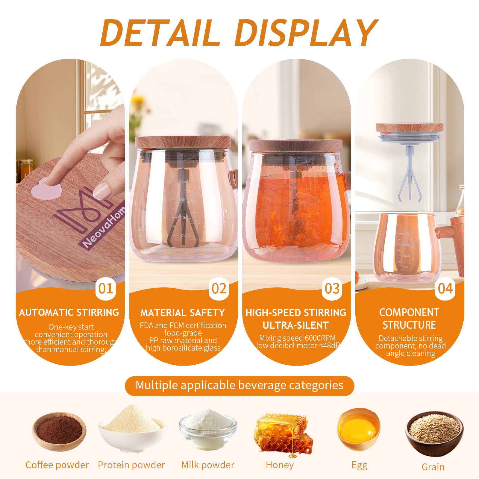 NeovaHome Taza automezclante efecto luz: mezcla suave en segundos.