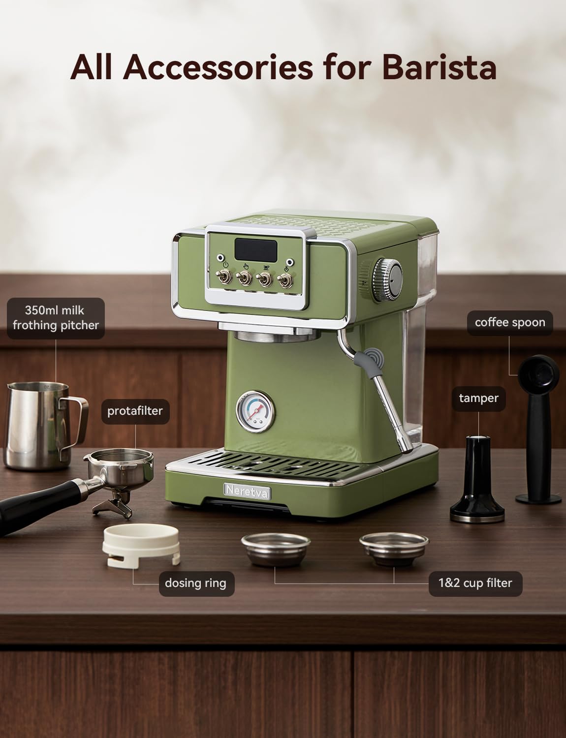 Neretva accesorios profesionales para espresso, listos para uso en casa.