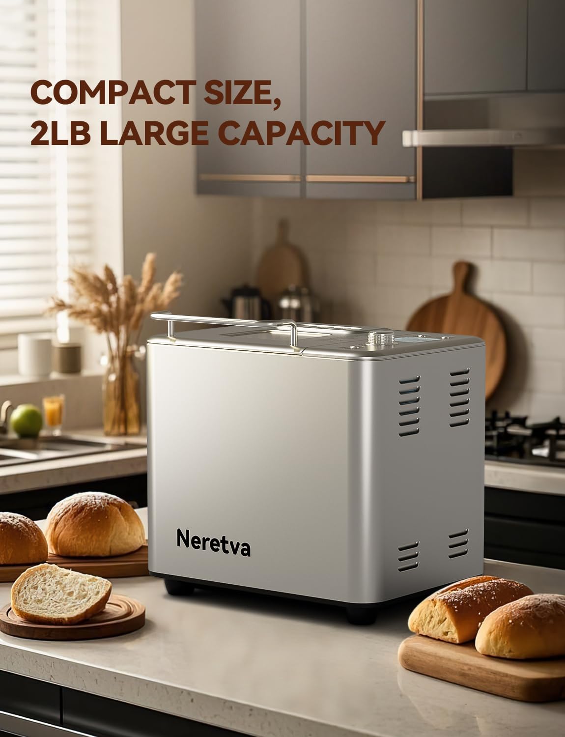 Neretva panificadora con capacidad de 2 libras para 5–6 porciones.