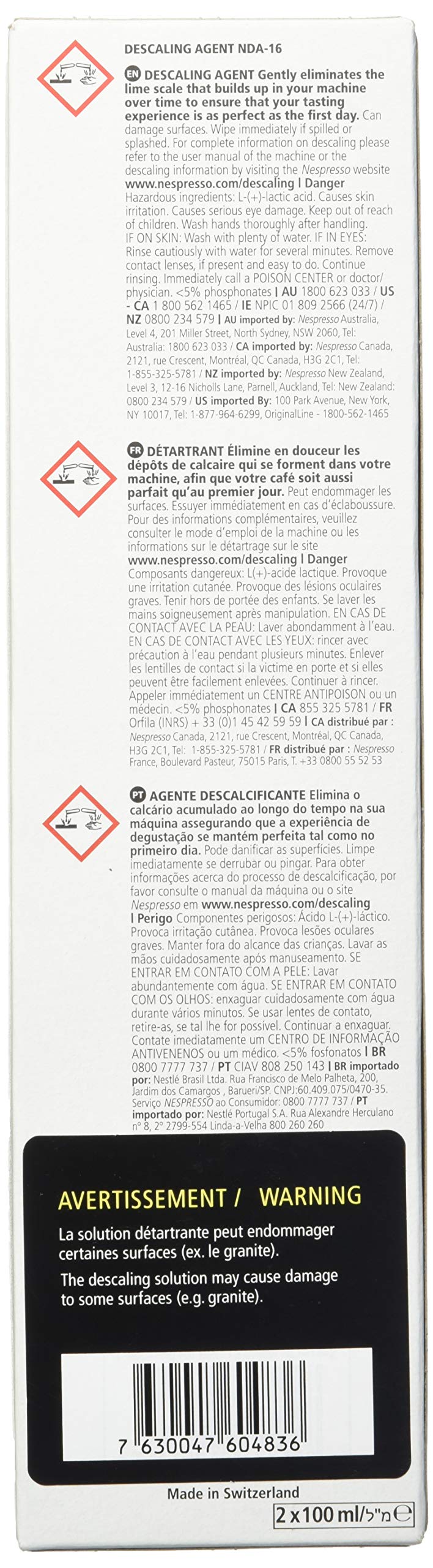 Dos paquetes de 100 ml Nespresso, opción rápida para descalcificar regularmente.
