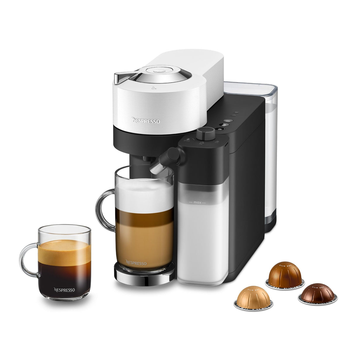 Nespresso Vertuo Lattissima frente en blanco mate lista para cappuccino cremoso