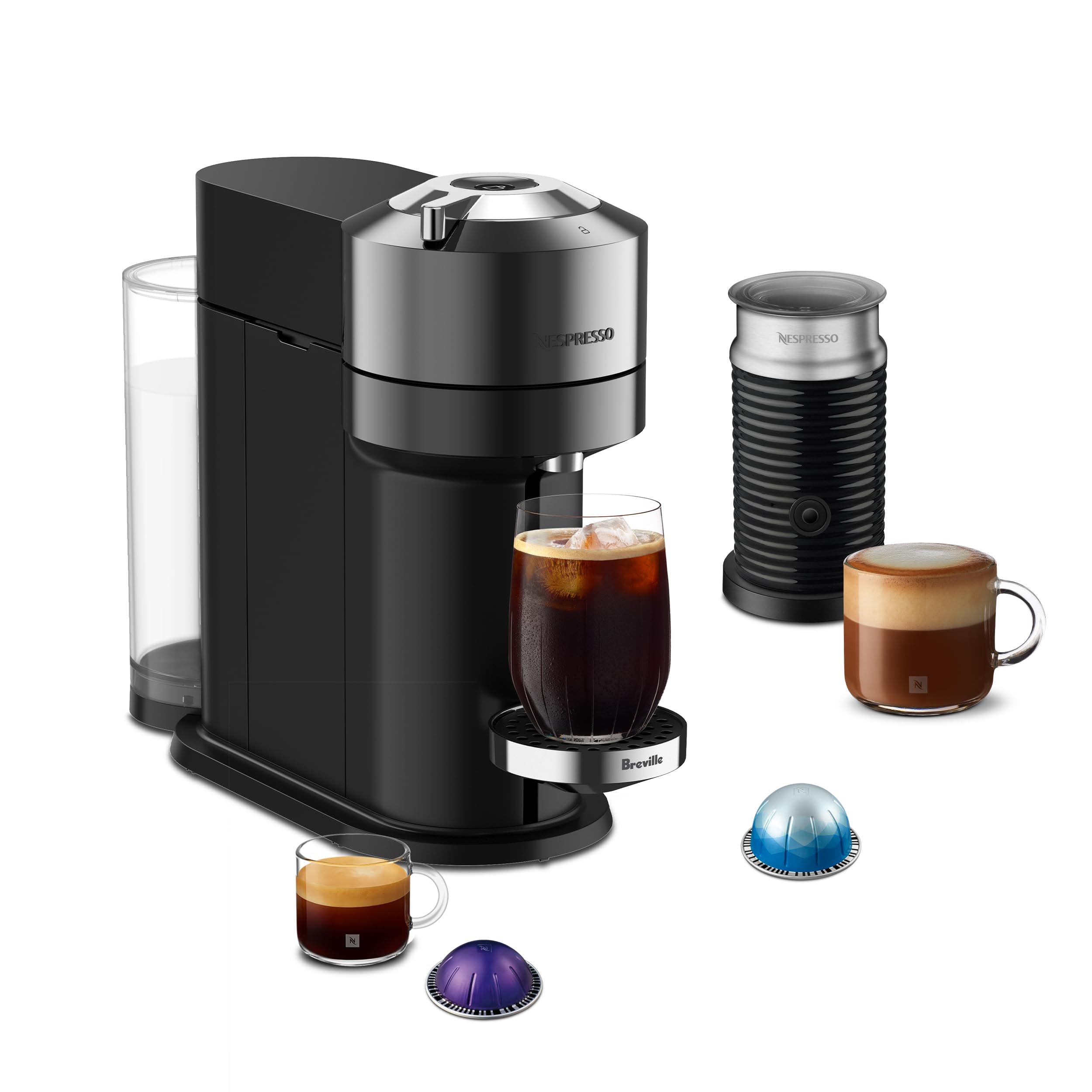 Nespresso Vertuo Next Deluxe, diseño cromado elegante para cocinas modernas.