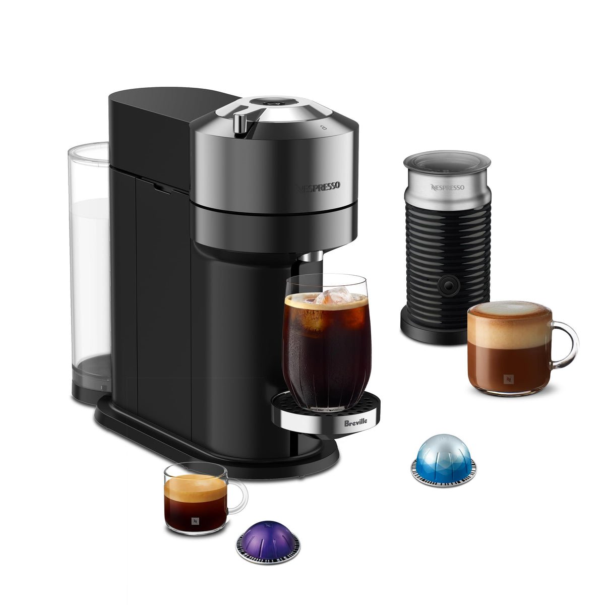 Nespresso Vertuo Next Deluxe, diseño cromado elegante para cocinas modernas.