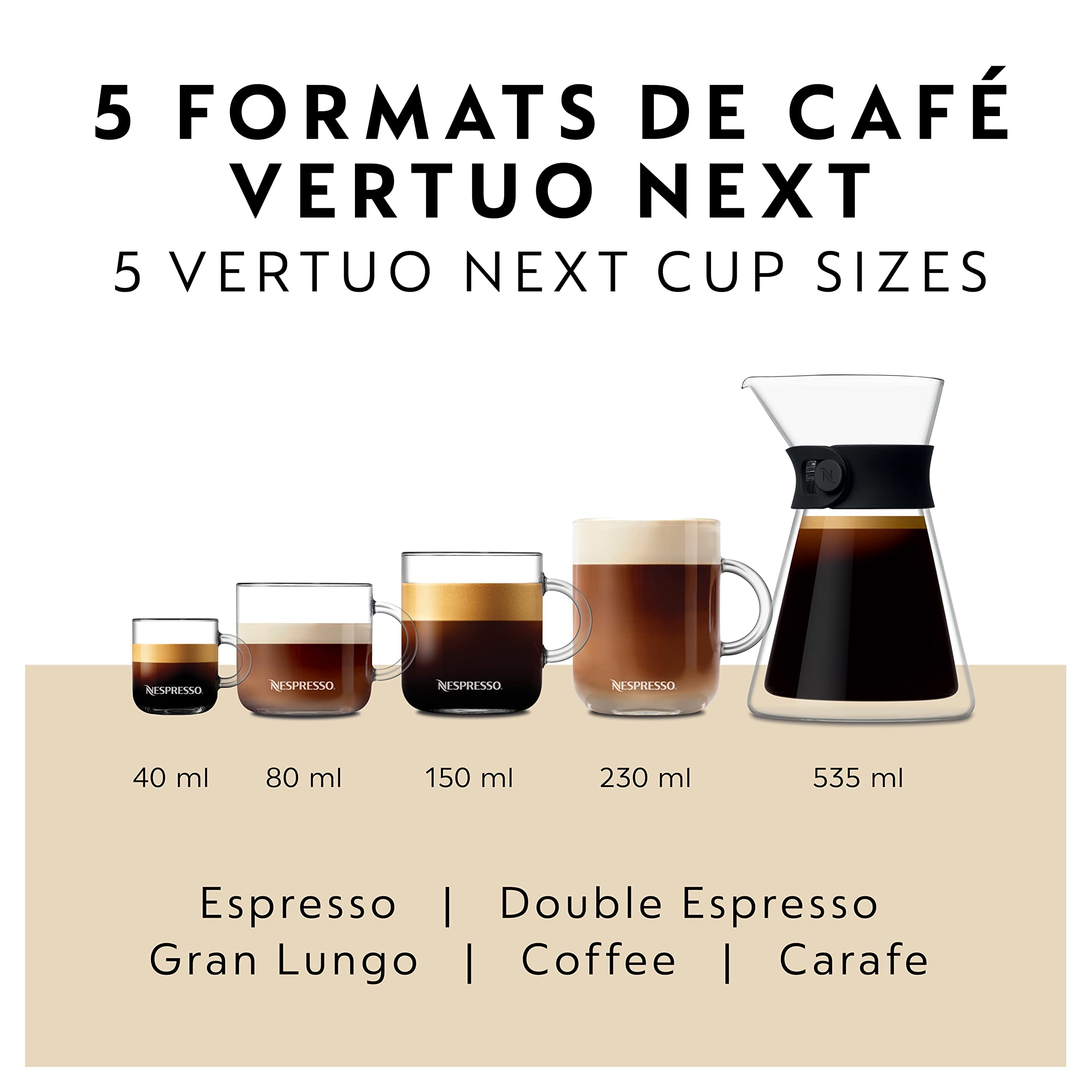 Nespresso Vertuo Next admite múltiples tamaños de taza, ideal para espresso o jarra.
