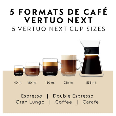 Nespresso Vertuo Next admite múltiples tamaños de taza, ideal para espresso o jarra.