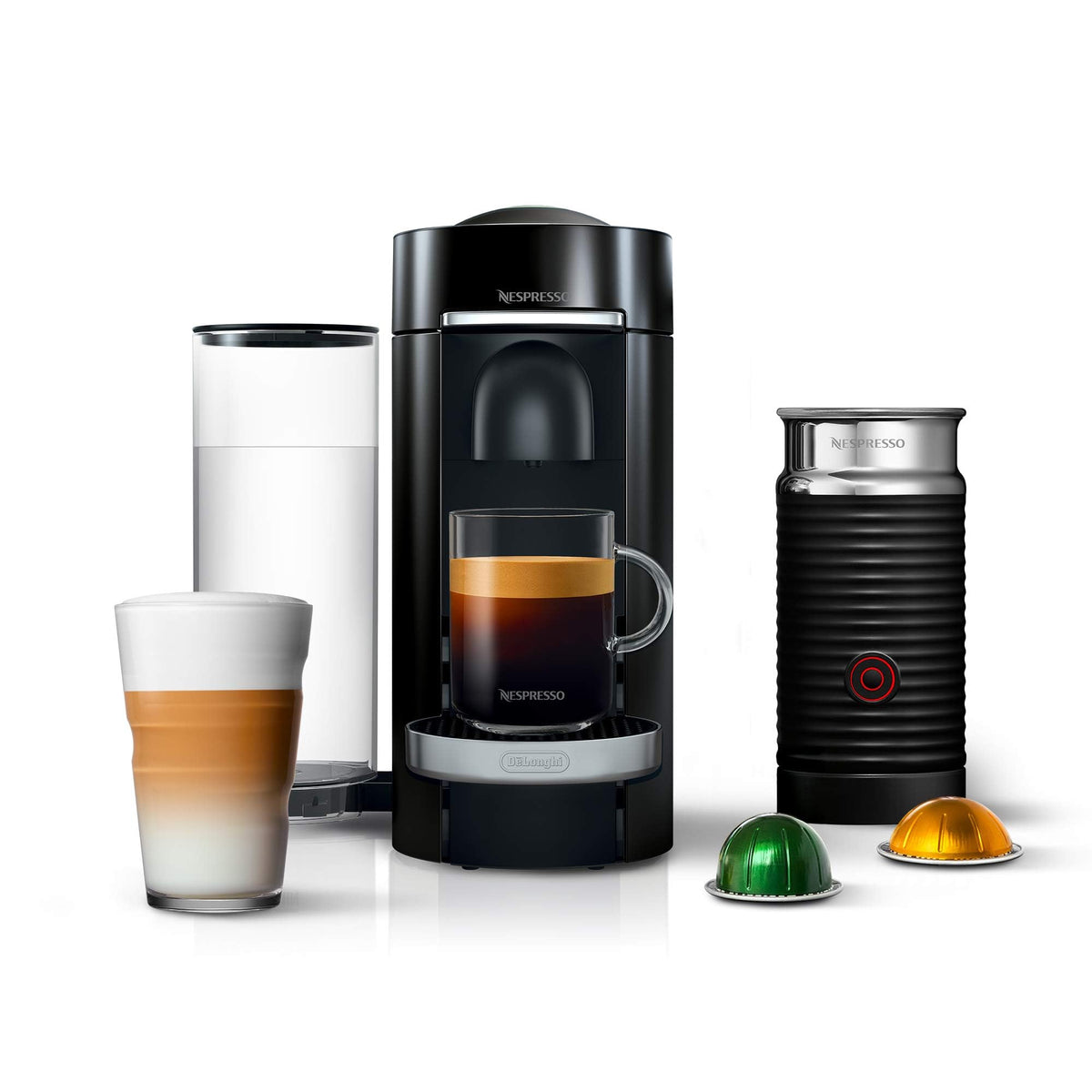 Nespresso VertuoPlus Deluxe frente en negro, diseño compacto para la cocina.