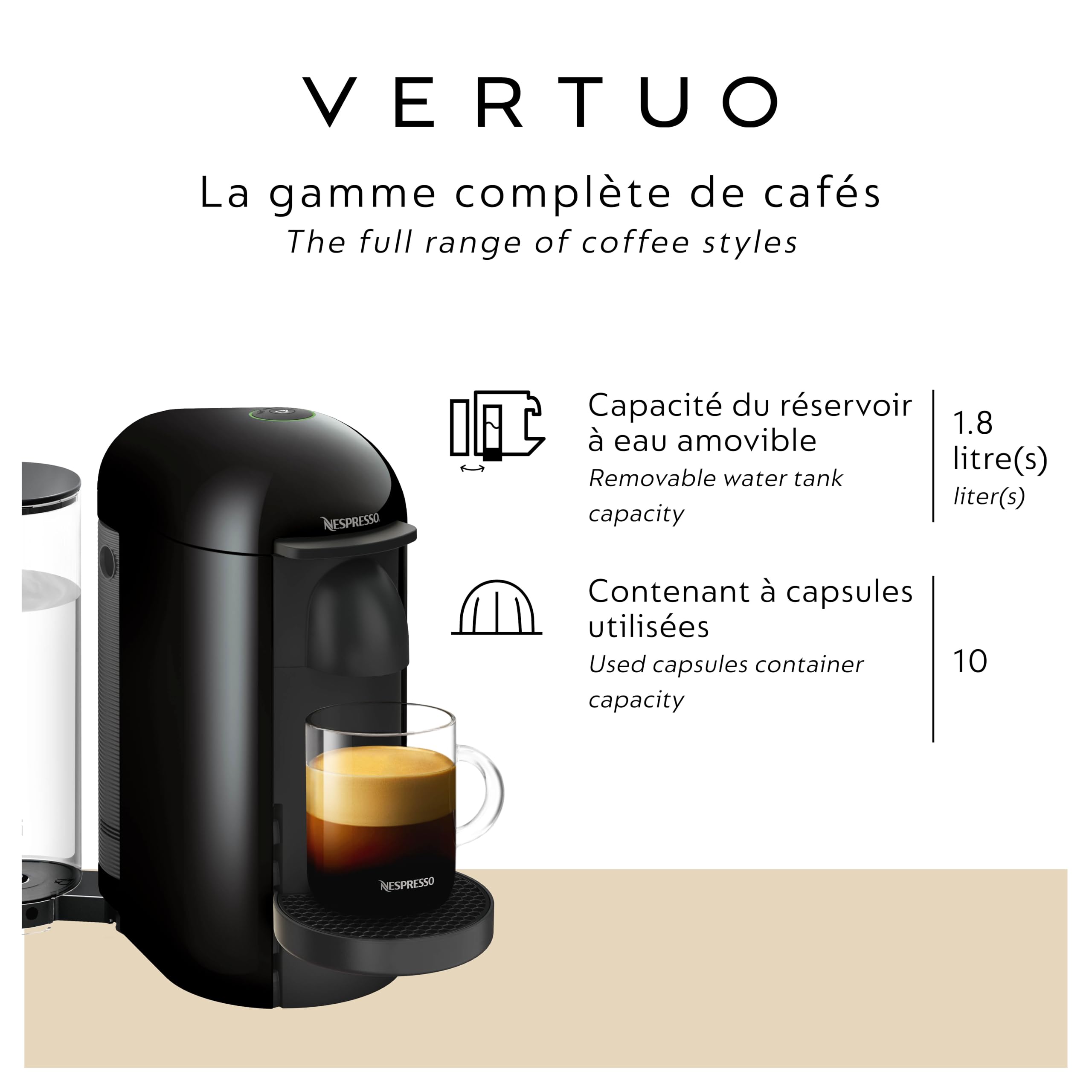 Cuatro tamaños de bebida: espresso, doble espresso, gran lungo y café.