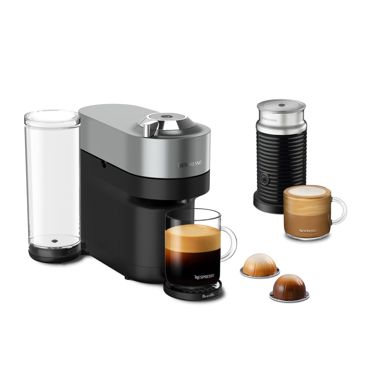 Nespresso Vertuo Pop+ Deluxe Titan, vista frontal, diseño compacto para cocinas pequeñas.