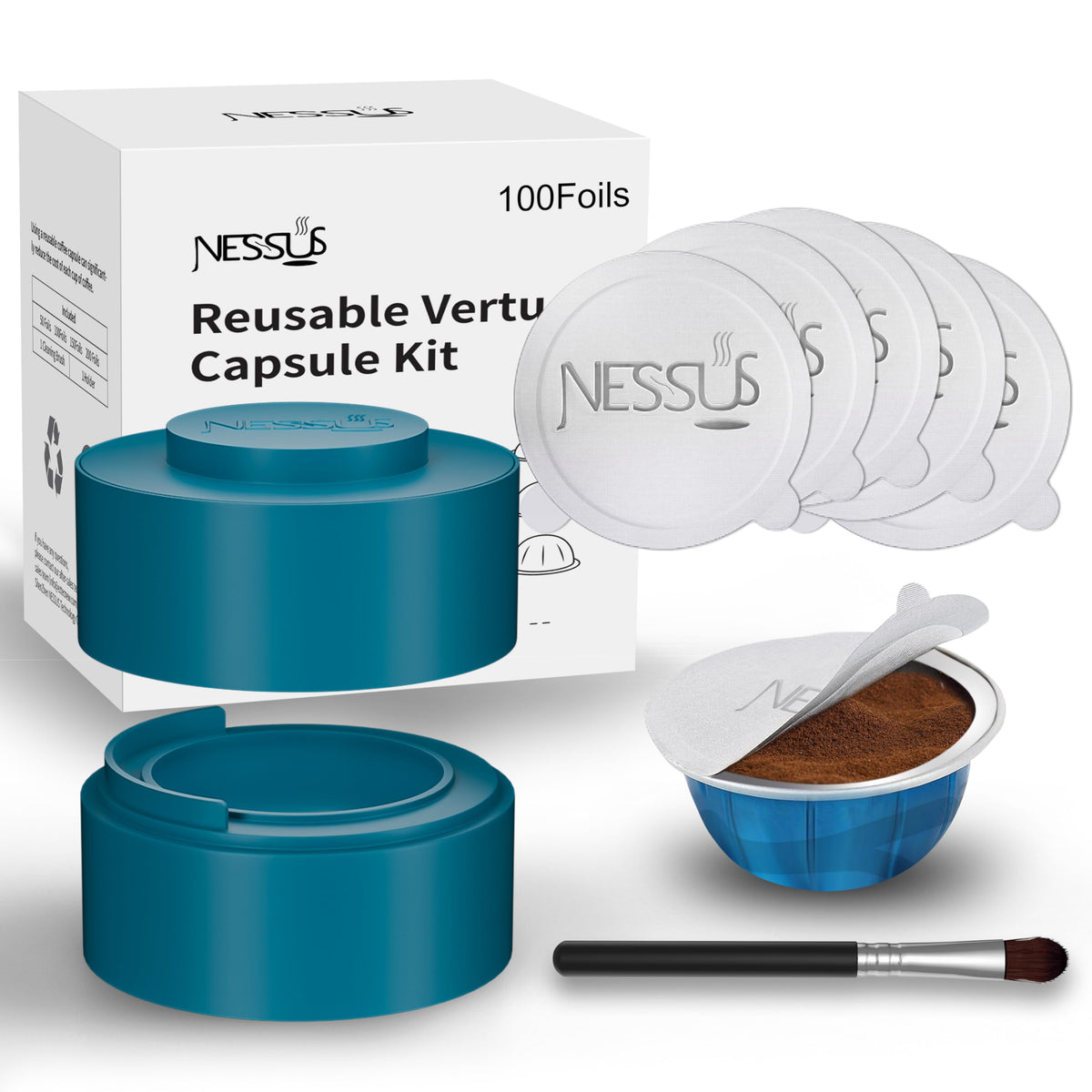 Kit Nessus para cápsulas Vertuo con soporte azul, facilita rellenado limpio.