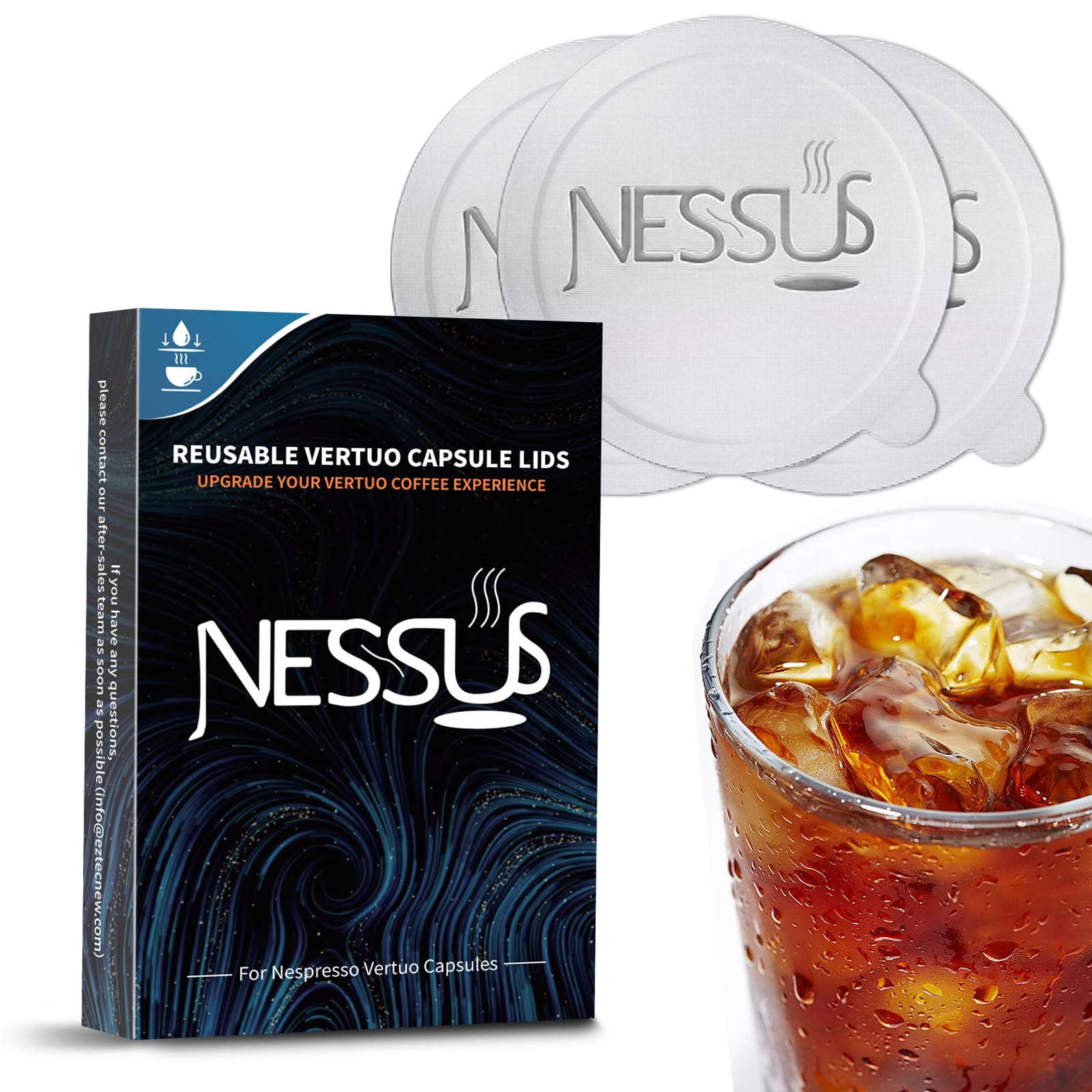 NESSUS tapas de aluminio para cápsulas Vertuo, sellado seguro para reutilizables.