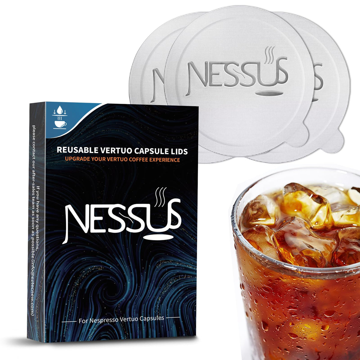 NESSUS tapas de aluminio para cápsulas Vertuo, sellado seguro para reutilizables.