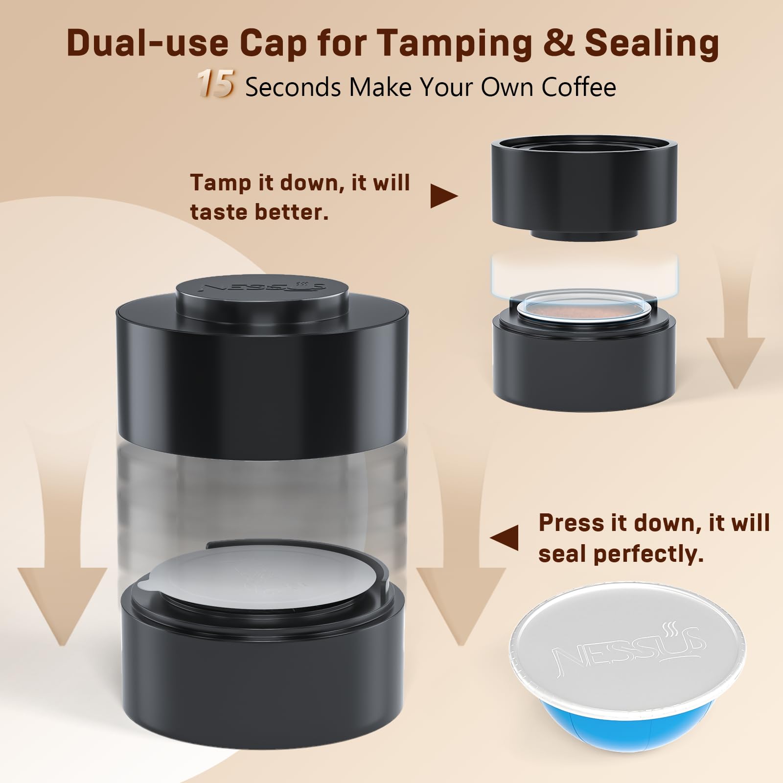 NESSUS Vertuo tapas de aluminio: sellado hermético para mantener la frescura.