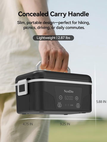 NestDin diseño compacto y tapa estanca previene derrames durante el transporte.