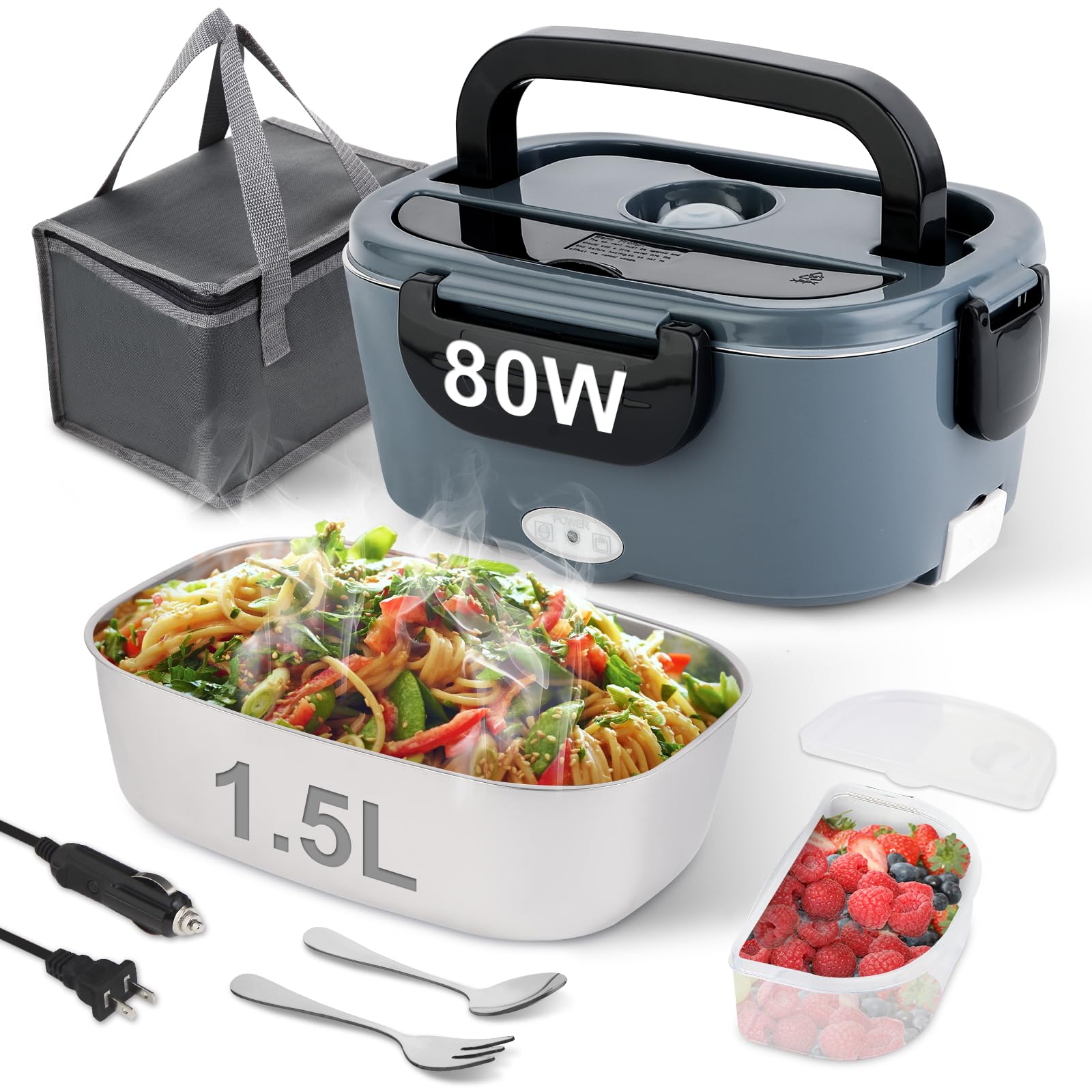 NestDin lunchbox 80W, vista frontal azul, diseño ergonómico para comidas calientes.