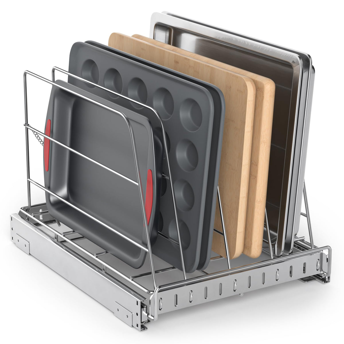 NestSprout organizador de gabinete deslizante para tablas de corte y bandejas, acceso rápido.