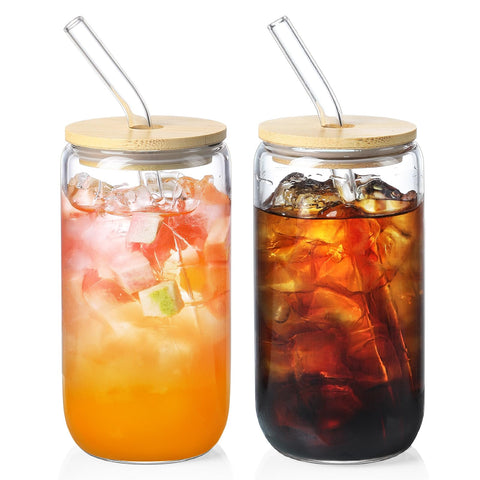 NETANY: dos vasos de vidrio con tapas de bambú para bebidas refrescantes